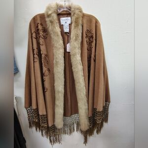 Pamela McCoy Tan Poncho with Faux Fur and Fringe
